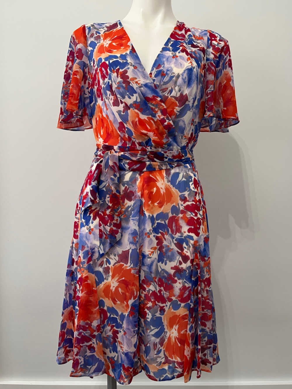 NWT Lauren Ralph Lauren Red, Blue & Pink Floral Wrap Midi Dress